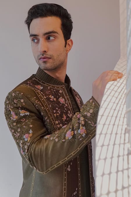 Jatin Malik Dolce Linen Silk Floral Embroidered Jacket Kurta Set 