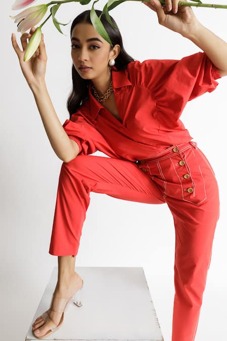 Shop_Veera Wear_Red Cotton Solid Collared Neck Rose Co-ord Set _at_Aza_Fashions