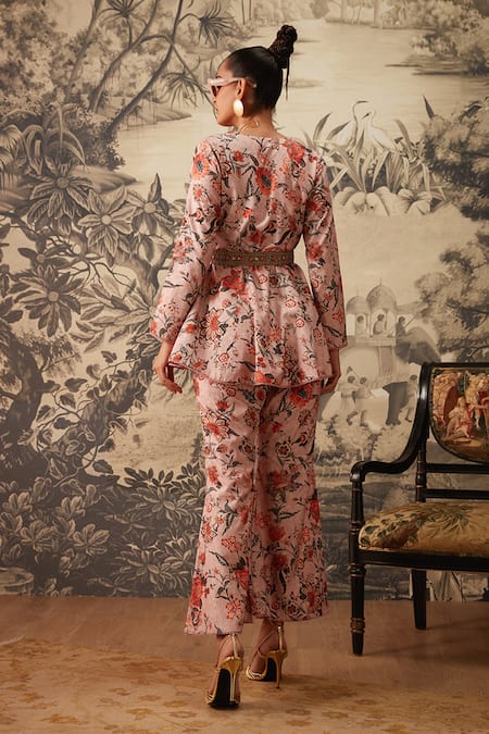Shop_Kalista_Pink Viscose, Silk Embroidery V-neck Cynthia Chintz Pattern Top And Pant Set _at_Aza_Fashions