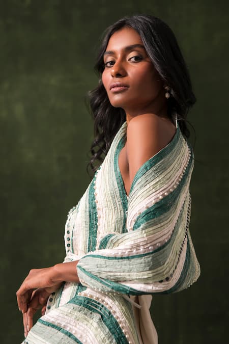 Shop Richa Khemka Green Bamboo, Taffeta, Organza, Silk Deep Embroidered Drape And Jumpsuit Set at Aza Fashions Shop_Richa Khemka_Green Bamboo, Taffeta, Organza, Silk Deep Embroidered Drape And Jumpsuit Set _at_Aza_Fashions