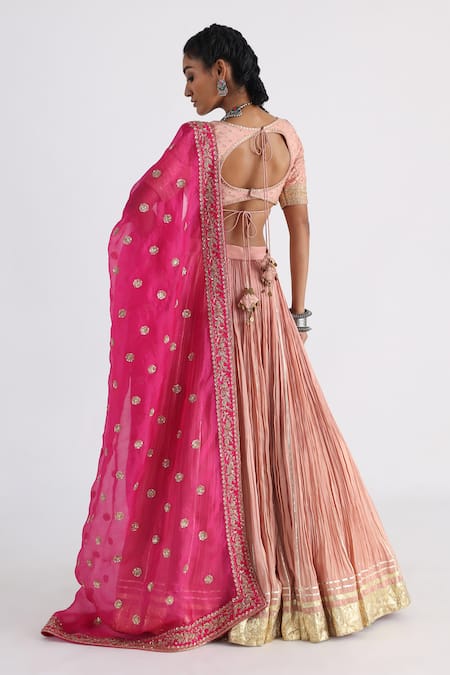 Shop Smriti By Anju Agarwal Pink Bamboo, Tissue Sequins, Zari, Gota Embellished Pleated Lehenga Set at Aza Fashions Shop_Smriti By Anju Agarwal_Pink Bamboo, Tissue Sequins, Zari, Gota Embellished Pleated Lehenga Set _at_Aza_Fashions