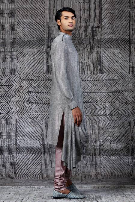 Shantnu Nikhil_Silver Metallic Jersey Draped Kurta _Online_at_Aza_Fashions