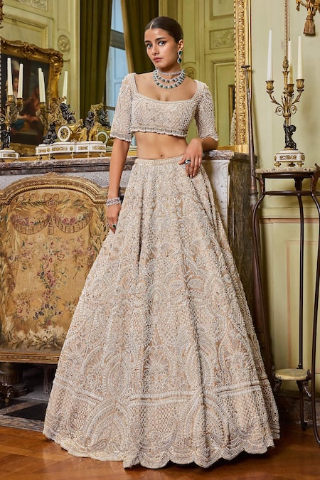 Shop Seema Gujral Beige Silk, Organza Beads Square Sequin Embroidered Blouse Bridal Lehenga Set at Aza Fashions Shop_Seema Gujral_Beige Silk, Organza Beads Square Sequin Embroidered Blouse Bridal Lehenga Set _at_Aza_Fashions