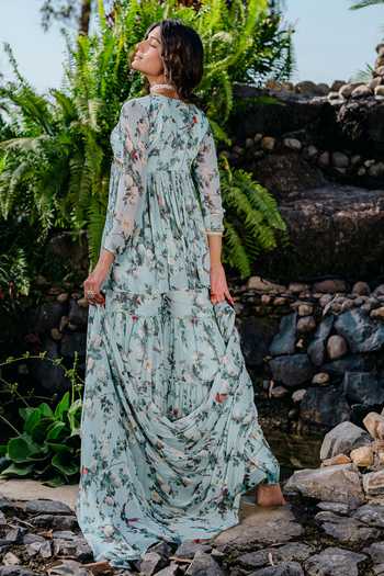 Redpine Designs_Blue Viscose, Georgette, Crepe Sequins, Vintage Floral Print Kurta And Sharara Set _Online_at_Aza_Fashions