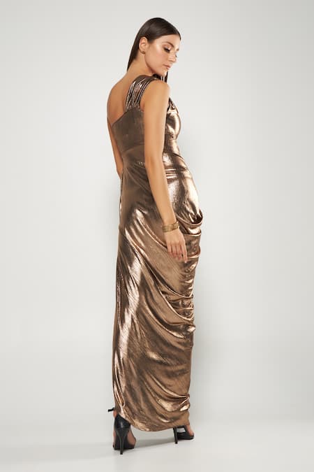 Shop_Cham Cham_Brown Lycra One Shoulder Metallic Draped Gown _at_Aza_Fashions