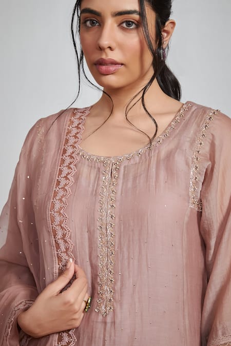 Shop Label Mansi Nagdev Brown Chanderi Embroidery, Pearls Round Neck Shiza Straight Kurta Set at Aza Fashions Shop_Label Mansi Nagdev_Brown Chanderi Embroidery, Pearls Round Neck Shiza Straight Kurta Set _at_Aza_Fashions