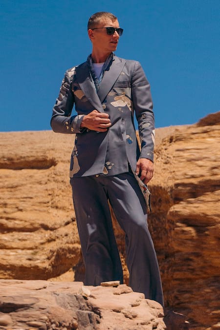Shop_Sahil Kochhar_Grey Cotton Satin Applique Suede Visham Blazer  _at_Aza_Fashions