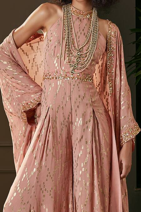 Shop Kisneel By Pam Peach Embroidery, Sequins Halter Neck Jumpsuit at Aza Fashions Shop_Kisneel By Pam_Peach Embroidery, Sequins Halter Neck Jumpsuit_at_Aza_Fashions