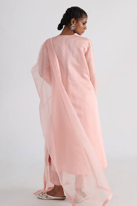 Shop Smriti By Anju Agarwal Pink Linen, Silk, Bamboo, Organza Embroidery Split V-neck Ruhae Yoke Kurta Set at Aza Fashions Shop_Smriti By Anju Agarwal_Pink Linen, Silk, Bamboo, Organza Embroidery Split V-neck Ruhae Yoke Kurta Set _at_Aza_Fashions
