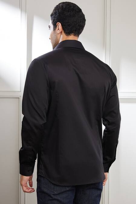 Shop Seven Black Cotton Satin Embroidery Placement Hand Shirt at Aza Fashions Shop_Seven_Black Cotton Satin Embroidery Placement Hand Shirt_at_Aza_Fashions