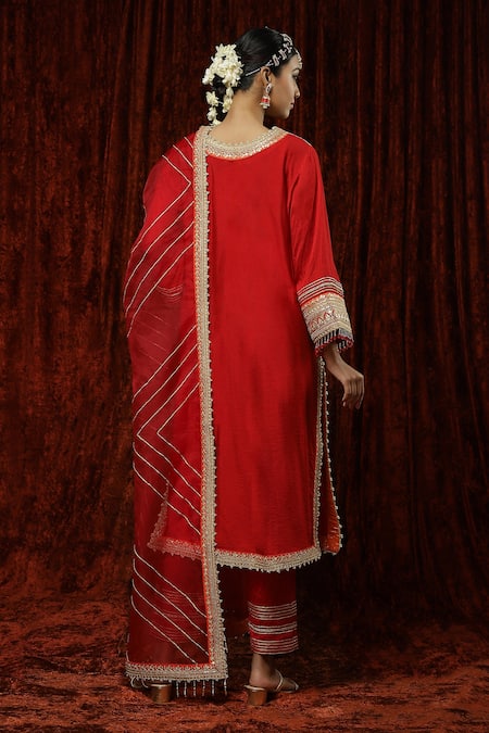 Shop Shikhar Sharma Red Silk Chanderi Embroidered Pearl V Neck Kurta Pant Set at Aza Fashions Shop_Shikhar Sharma_Red Silk Chanderi Embroidered Pearl V Neck Kurta Pant Set _at_Aza_Fashions