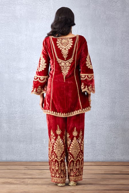 Shop_Torani_Red , Cotton, Velvet, Organza Sindoori Priyala Makhmal Phiran Kurta Set _at_Aza_Fashions