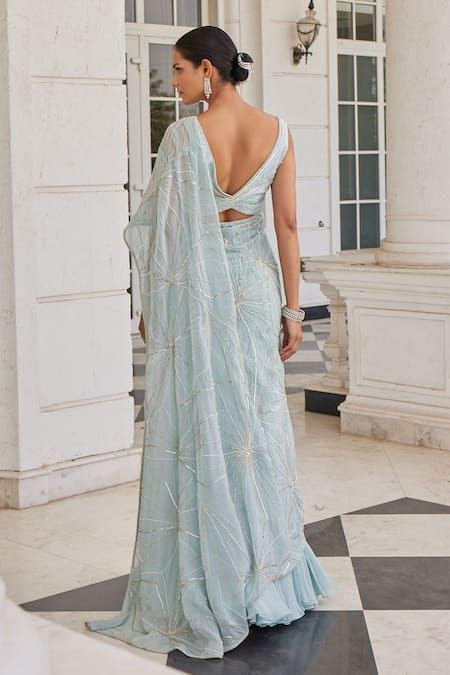 Shop_Charu And Vasundhara_Blue Silk, Organza Beads, Sequins, Siddra Lehenga Saree With Embroidered Blouse _at_Aza_Fashions