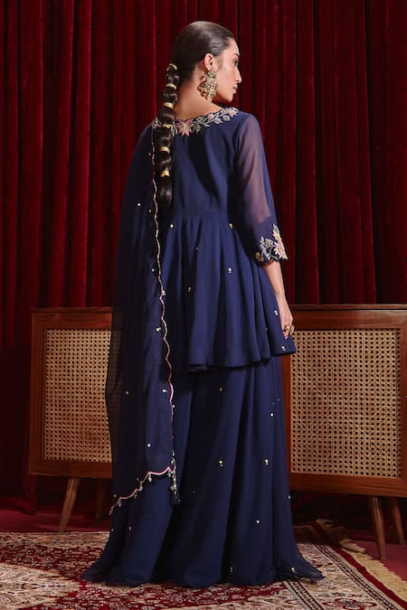 Shop Ajiesh Oberoi Blue Georgette Embroidery Round Neck Riddhi Floral Peplum Kurta Set at Aza Fashions Shop_Ajiesh Oberoi_Blue Georgette Embroidery Round Neck Riddhi Floral Peplum Kurta Set _at_Aza_Fashions