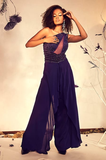 Babita Malkani Embroidered One Shoulder Draped Jumpsuit 