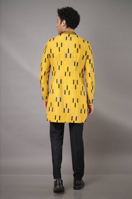 Shop_Para_Yellow Denim Embroidery Texture Sherwani And Pant Set_at_Aza_Fashions