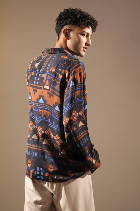Shop_Nikita Mhaisalkar_Blue Georgette Aztec Print Shirt _at_Aza_Fashions