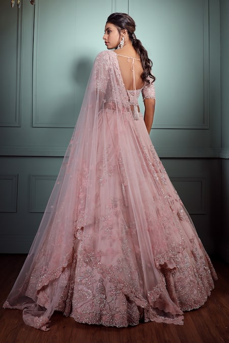 Shop Pallavi Poddar Pink Tulle Sequins, Beads, Pearls Boat Pakhi Embellished Bridal Lehenga Set at Aza Fashions Shop_Pallavi Poddar_Pink Tulle Sequins, Beads, Pearls Boat Pakhi Embellished Bridal Lehenga Set _at_Aza_Fashions