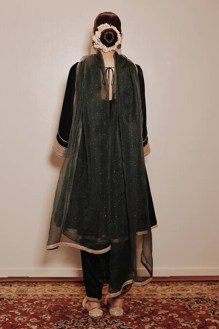 Shop_Shrutkirti_Green Silk, Velvet, Chiffon Embroidery Scoop Neck Zoya Anarkali Salwar Set _at_Aza_Fashions