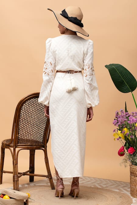 Shop_Rishi and Vibhuti_Ivory Linen Tassels, Embroidery Plunge Neck Leo Lake Crop Jacket And Skirt Set _at_Aza_Fashions