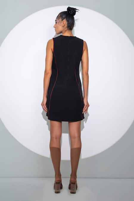Shop Pocketful Of Cherrie Black Crepe Round Neck Sleeveless Straight Silhouette Dress at Aza Fashions Shop_Pocketful Of Cherrie_Black Crepe Round Neck Sleeveless Straight Silhouette Dress _at_Aza_Fashions