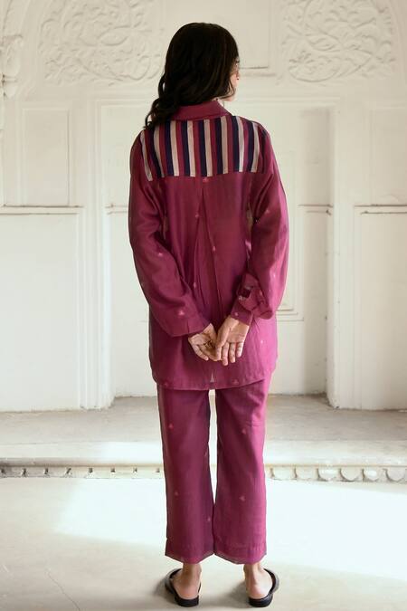 Shop_Taro_Red Chanderi Silk Embroidery Collared, Mahogany Printed Shirt Pant Set _at_Aza_Fashions