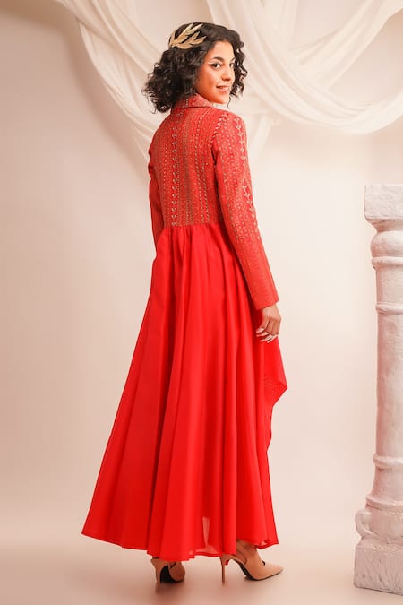Shop Jajaabor Coral Silk Chanderi Embroidery Geometric Notched Bodice Anarkali And Pant Set at Aza Fashions Shop_Jajaabor_Coral Silk Chanderi Embroidery Geometric Notched Bodice Anarkali And Pant Set _at_Aza_Fashions
