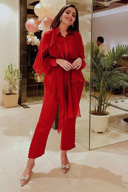 Shop Garima Bindal Red Silk, Modal Collared Solid Wrap Tie-up Shirt Pant Set at Aza Fashions Shop_Garima Bindal_Red Silk, Modal Collared Solid Wrap Tie-up Shirt Pant Set_at_Aza_Fashions