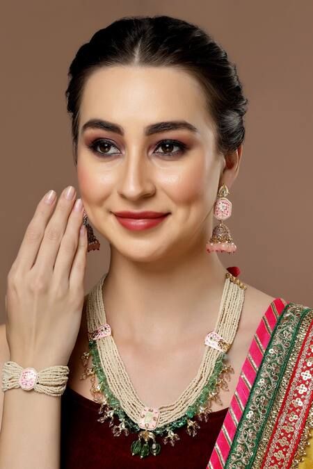 Shop Dugran By Dugristyle Pink Pearls, Stones, Gota Patti Layered Necklace Set at Aza Fashions Shop_Dugran By Dugristyle_Pink Pearls, Stones, Gota Patti Layered Necklace Set _at_Aza_Fashions