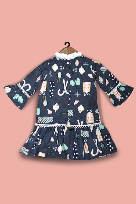Shop Pankhuri By Priyanka Blue Flannel Lace Christmas Print Dress at Aza Fashions Shop_Pankhuri By Priyanka_Blue Flannel Lace Christmas Print Dress _at_Aza_Fashions