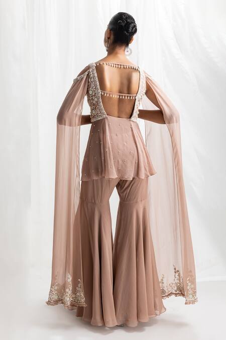 Seema Thukral Pink Georgette, Organza, Draped Sleeve Embroidered Peplum Top With Gharara Online at Aza Fashions Seema Thukral_Pink Georgette, Organza, Draped Sleeve Embroidered Peplum Top With Gharara _Online_at_Aza_Fashions