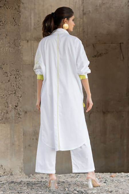 Shop_Pooja-Keyur_White Cotton Satin Tassels, Artistic Abstraction Shirt Kurta And Pant Co-ord Set_at_Aza_Fashions