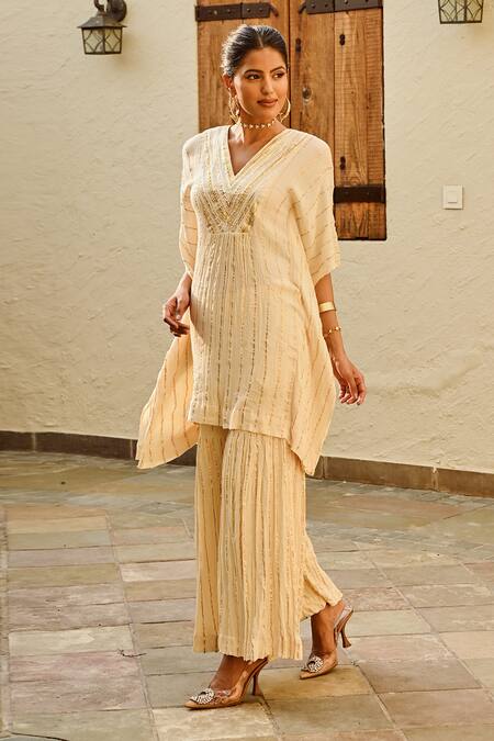 Shop_Palak & Mehak_Ivory Rayon, Crepe, Lurex Gota Patti V-neck Mira Kaftan Top With Sharara _at_Aza_Fashions