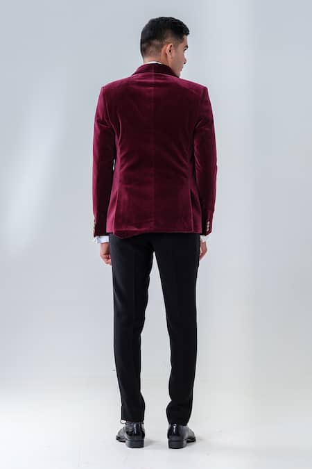 Shop_Amrit Dawani_Maroon Velvet, Cotton, Silk Embroidery Tuxedo Set _at_Aza_Fashions