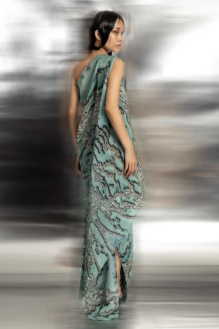 Shop Abhishek Sharma Green Polyester One Shoulder Reef Pattern Dress at Aza Fashions Shop_Abhishek Sharma_Green Polyester One Shoulder Reef Pattern Dress _at_Aza_Fashions