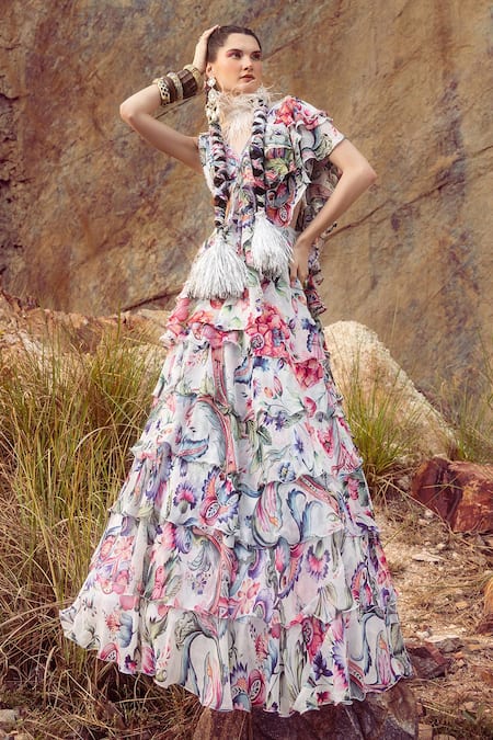 Shop Akanksha Mago Multi Color Georgette Embroidery V-neck Layered Lehenga And Blouse Set at Aza Fashions Shop_Akanksha Mago_Multi Color Georgette Embroidery V-neck Layered Lehenga And Blouse Set _at_Aza_Fashions