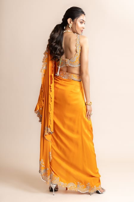 Shop_Nupur Kanoi_Orange Crepe, Hemp Pre-draped Bengali Saree With Hand Embroidered Blouse _at_Aza_Fashions