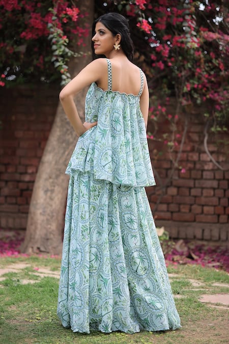 Shop House Of Tushaom Green Georgette Printed Tropical Square Neck Top And Sharara Set at Aza Fashions Shop_House Of Tushaom_Green Georgette Printed Tropical Square Neck Top And Sharara Set _at_Aza_Fashions