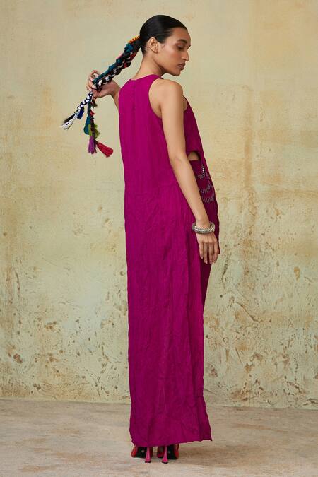 Shop_Style Junkiie_Magenta Silk Embellished Crystals Round Asymmetric Hem Tunic _at_Aza_Fashions