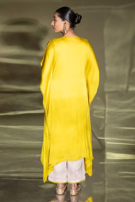 Shop_Miku Kumar_Yellow Satin Organza, Georgette Thread, Embroidered Yoke Kaftan And Palazzo Set_Online_at_Aza_Fashions