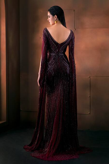 Shop_Bhawna Rao_Red Silk, Tulle Beads, Sequins, Cut Work Asymmetric And Hand Embroidered Gown _at_Aza_Fashions