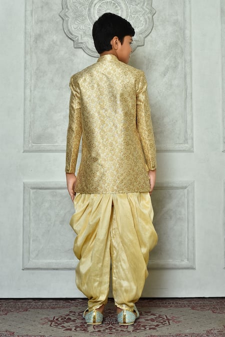 Shop_Petite Pomme_Cream Jacquard, Silk Embroidery Floral Pattern Sherwani Set _at_Aza_Fashions