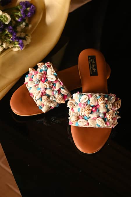 Shop_Miraki_White Embellished Seashells Flats _at_Aza_Fashions