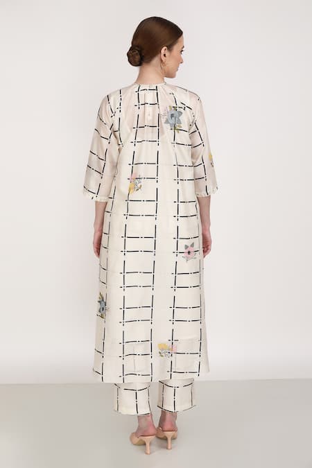 Shop Arcvsh By Pallavi Singh Ivory Chanderi Round Neck Geometric And Floral Bloom Print Kurta With Pant at Aza Fashions Shop_Arcvsh By Pallavi Singh_Ivory Chanderi Round Neck Geometric And Floral Bloom Print Kurta With Pant _at_Aza_Fashions
