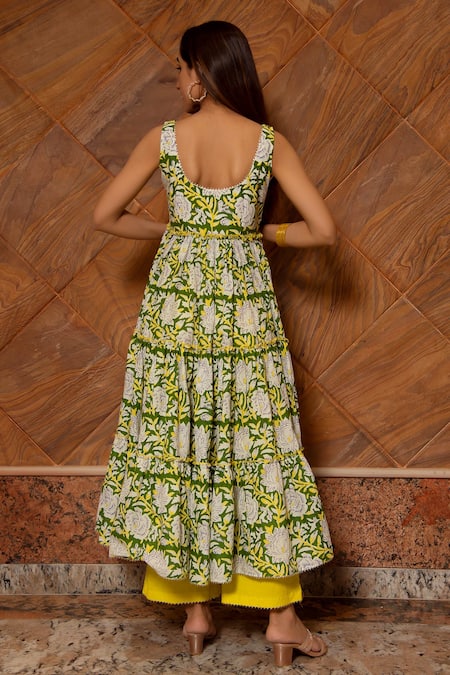 Pomcha Jaipur Cotton Printed Tiered Anarkali Set 