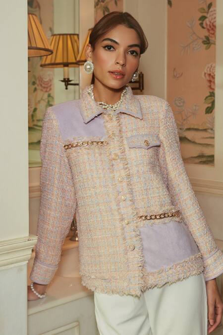 Shop_Label Deepika Nagpal_Purple Tweed, Suede Metallic Thread Collared Lilac Checkered Jacket _at_Aza_Fashions