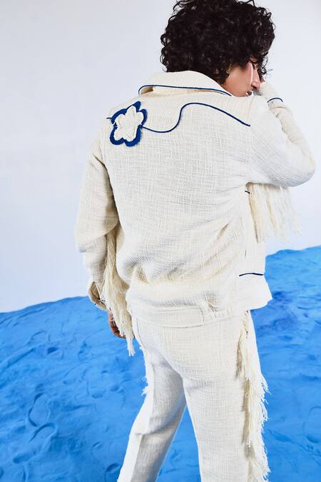 Shop Triune Off White Handloom Cotton Fringe Embroidered Jacket at Aza Fashions Shop_Triune_Off White Handloom Cotton Fringe Embroidered Jacket_at_Aza_Fashions