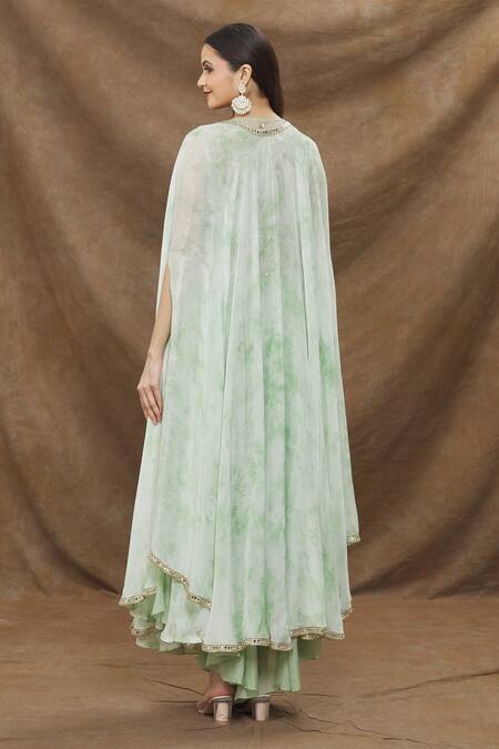Shop_Kanj by Priyanka A Sakhuja_Green Embellishment Sequins Cape Open Mint Tie And Dye Sharara Set _at_Aza_Fashions