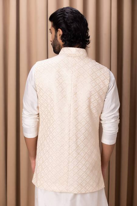 Shop_Ankit V Kapoor_Peach Cotton, Silk, Georgette Sequins, Embroidery Nehru Jacket Set _at_Aza_Fashions