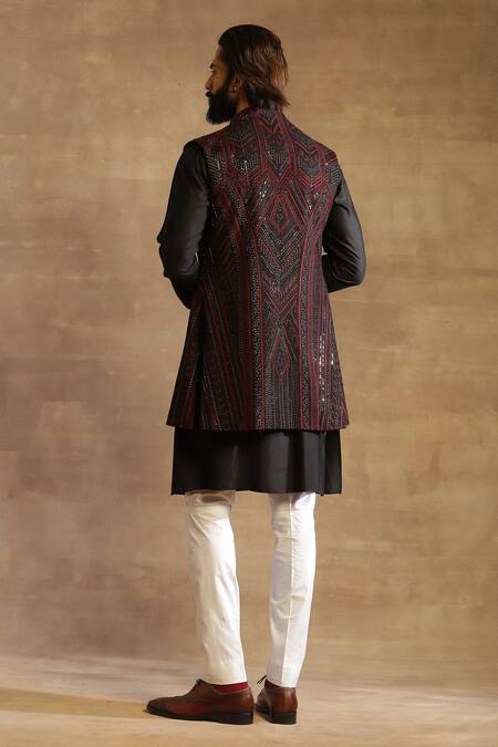 Shop Raghavendra Rathore Jodhpur Black Raw Silk Geometric Pattern Long Embroidered Waistcoat at Aza Fashions Shop_Raghavendra Rathore Jodhpur_Black Raw Silk Geometric Pattern Long Embroidered Waistcoat_at_Aza_Fashions